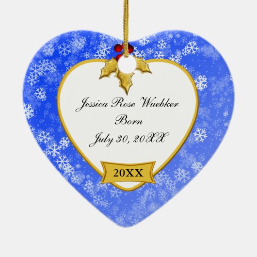 Baby's eerste kerstfeest Snowy Gold en blauwe foto Keramisch Ornament (Achterkant)