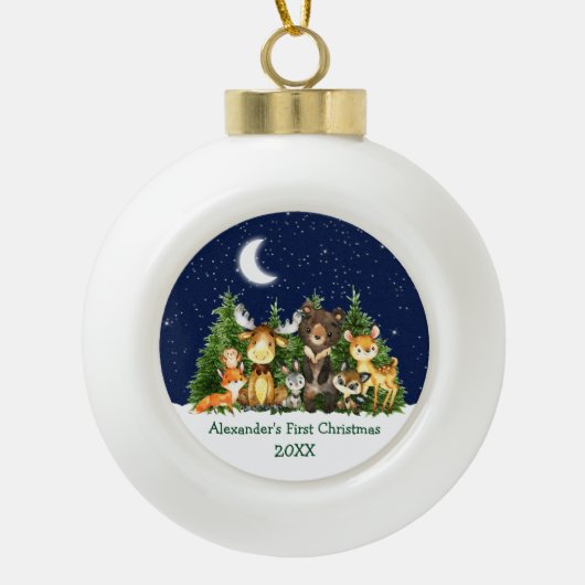 Baby's Eerste Kerstfeest Waterverf Bosdieren Keramische Bal Ornament (Voorkant)