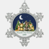 Baby's Eerste Kerstfeest Waterverf Bosdieren Tin Sneeuwvlok Ornament (Voorkant)