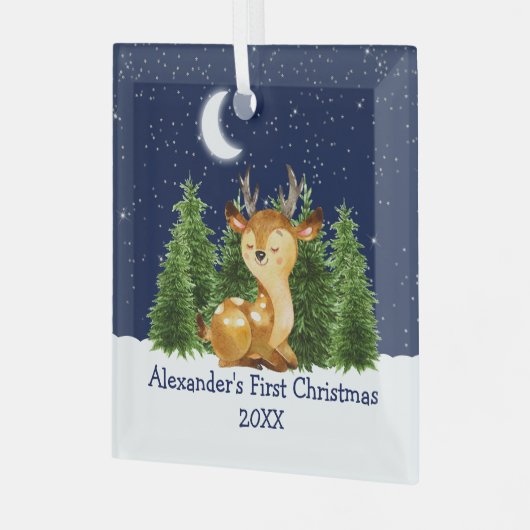 Baby's eerste kerstfeest Waterverf Deer Sky Forest Glas Ornament (Voorkant links)