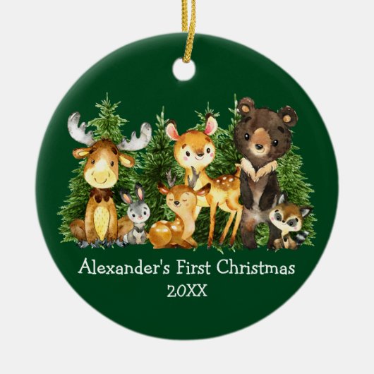 Baby's eerste kerstfeest Waterverf Dieren Deer Keramisch Ornament (Voorkant)