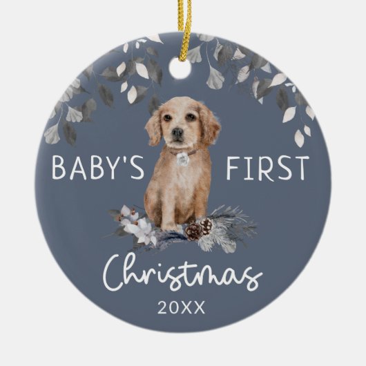 Baby's eerste kerstfeest Waterverf puppy Foliage Keramisch Ornament (Voorkant)