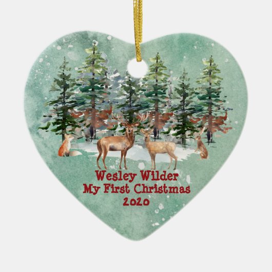 Baby's eerste kerstfeest Waterverf Woodland Keramisch Ornament (Voorkant)