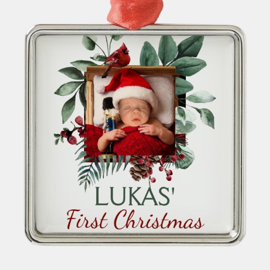 Baby's eerste kerstfeestelijke kerstfoto's grote f metalen ornament (Voorkant)