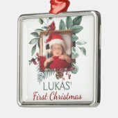 Baby's eerste kerstfeestelijke kerstfoto's grote f metalen ornament (Links)