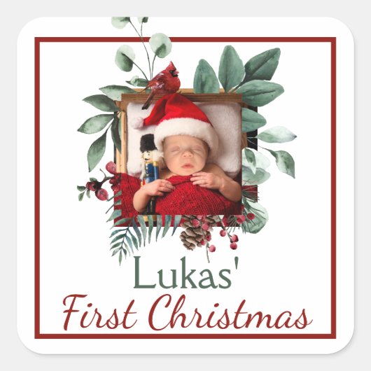 Baby's eerste kerstfeestelijke kerstfoto's grote f vierkante sticker (Voorkant)