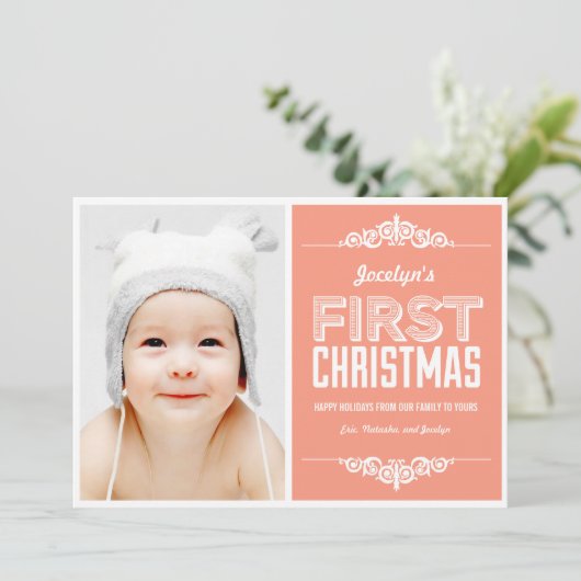 Baby's eerste kerstfeestkaarten - Zalm Feestdagenkaart (Staand voorkant)