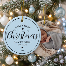Baby's eerste kerstfoto aandenken blauw keramisch ornament