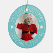 Baby's eerste kerstfoto Aangepaste foto Blauw Keramisch Ornament (Links)