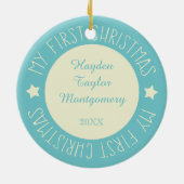 Baby's eerste kerstfoto Aangepaste foto Blauw Keramisch Ornament (Achterkant)