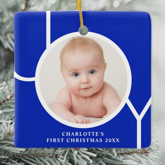Baby's eerste kerstfoto Aangepaste foto Blauw Keramisch Ornament