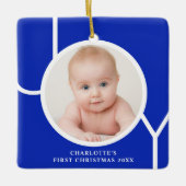 Baby's eerste kerstfoto Aangepaste foto Blauw Keramisch Ornament (Voorkant)