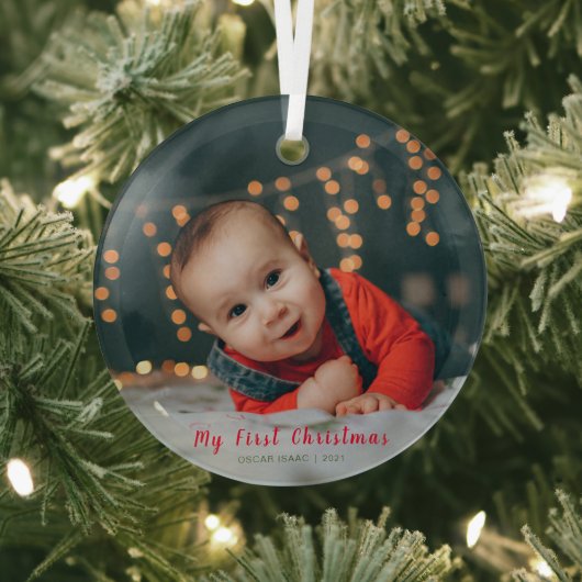 Baby's Eerste kerstfoto Aangepaste naam Glas Ornament (Insitu)