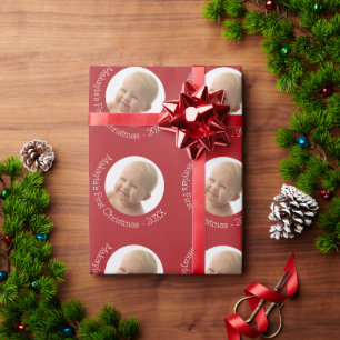 Baby's Eerste kerstfoto Aangepaste naam Jaar Rood Cadeaupapier