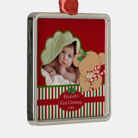 Baby's Eerste kerstfoto Beer voor sierdoeleinden Metalen Ornament (Rechts)
