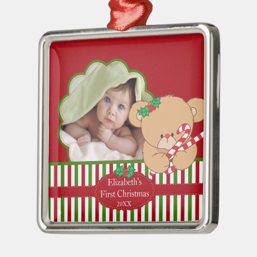 Baby's Eerste kerstfoto Beer voor sierdoeleinden Metalen Ornament (Links)