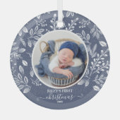 Baby's eerste kerstfoto Blauw Glas Ornament (Voorkant)