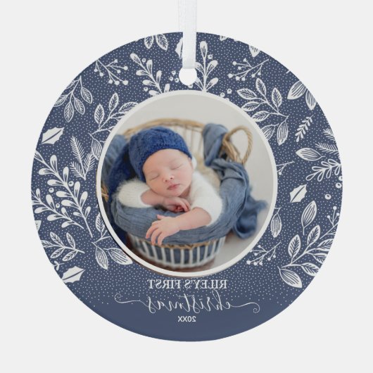 Baby's eerste kerstfoto Blauw Glas Ornament (Achterkant)