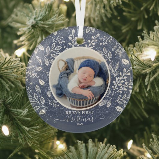 Baby's eerste kerstfoto Blauw Glas Ornament (Insitu)