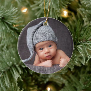 Baby's Eerste Kerstfoto Blauwe Naam Keramisch Ornament