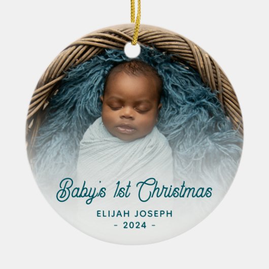 Baby's Eerste Kerstfoto Blauwgroen Retro Script Keramisch Ornament (Voorkant)