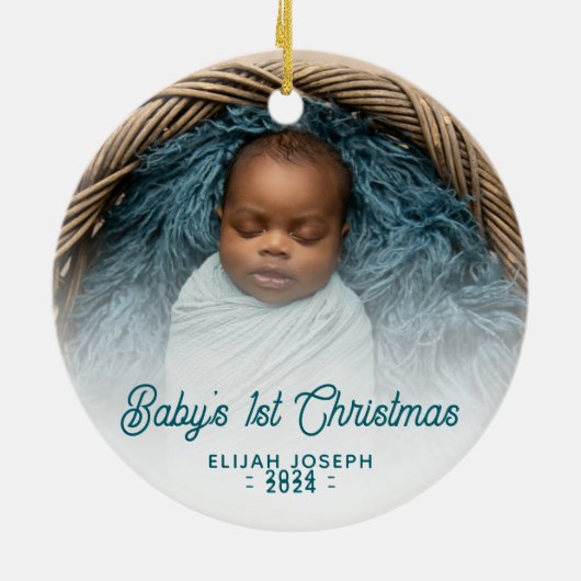 Baby's Eerste Kerstfoto Blauwgroen Retro Script Keramisch Ornament (Achterkant)