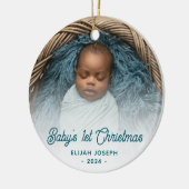 Baby's Eerste Kerstfoto Blauwgroen Retro Script Keramisch Ornament (Links)