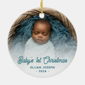Baby's Eerste Kerstfoto Blauwgroen Retro Script Keramisch Ornament (Achterkant)