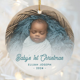 Baby's Eerste Kerstfoto Blauwgroen Retro Script Keramisch Ornament