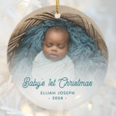 Baby's Eerste Kerstfoto Blauwgroen Retro Script Keramisch Ornament