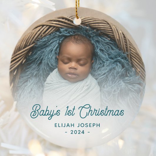 Baby's Eerste Kerstfoto Blauwgroen Retro Script Keramisch Ornament