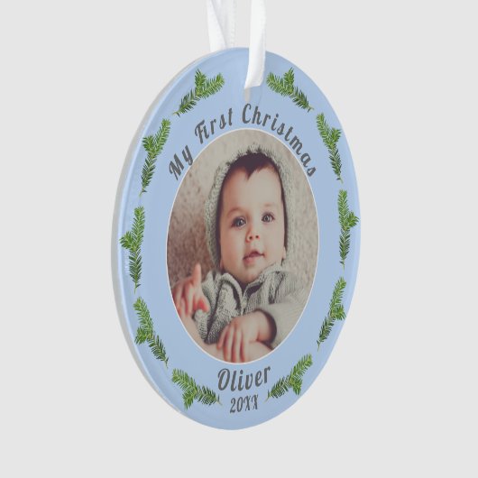 Baby's eerste kerstfoto Blue Ornament (voorkant)
