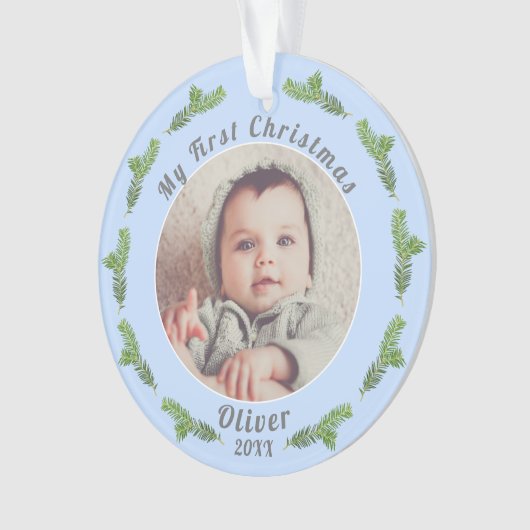 Baby's eerste kerstfoto Blue Ornament (voorkant)