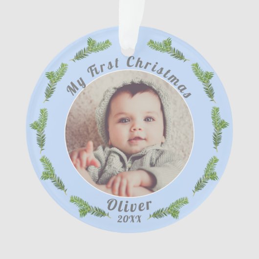 Baby's eerste kerstfoto Blue Ornament (voorkant)
