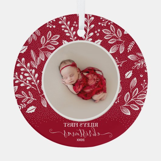 Baby's eerste kerstfoto-cranberry glas ornament (Achterkant)