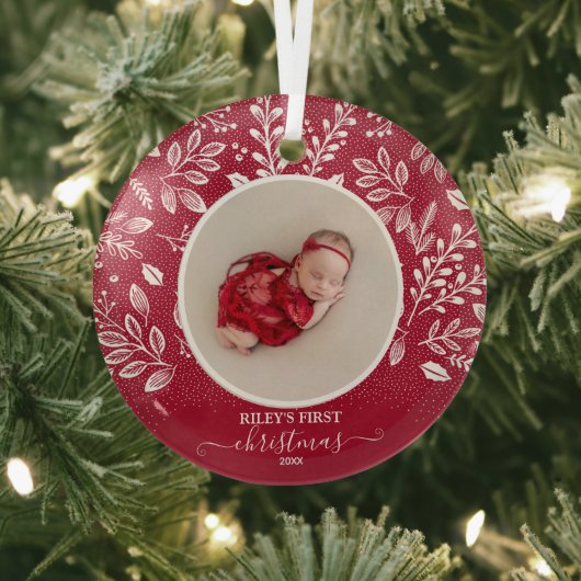 Baby's eerste kerstfoto-cranberry glas ornament (Insitu)