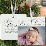 Baby's Eerste Kerstfoto Elegant Calligrafie Keramisch Ornament<br><div class="desc">Baby's eerste kerstfoto-ornament dat je kunt personaliseren met je favoriete foto en aangepaste tekst op de achterkant. Een elegant typografisch ontwerp met de letters Baby's First Kerstmis in zware kalligrafie en klassiek afdrukken.</div>