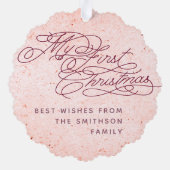  Baby's eerste kerstfoto Elegant Roze Ornament Kaart (Achterkant)