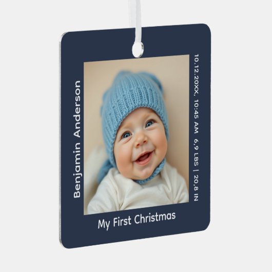 Baby's eerste kerstfoto geboortestatistieken metalen ornament (Voorkant Rechts)