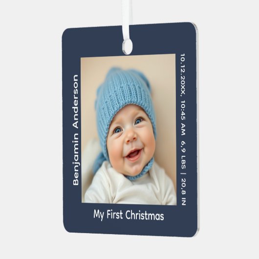 Baby's eerste kerstfoto geboortestatistieken metalen ornament (Voorkant links)