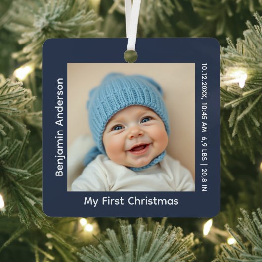 Baby's eerste kerstfoto geboortestatistieken metalen ornament (Insitu)