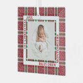 Baby's eerste kerstfoto geruit glas ornament (Voorkant links)