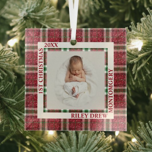 Baby's eerste kerstfoto geruit glas ornament (Insitu)