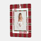 Baby's eerste kerstfoto geruit metalen ornament (Voorkant links)