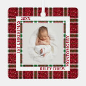 Baby's eerste kerstfoto geruit metalen ornament (Achterkant)