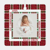 Baby's eerste kerstfoto geruit metalen ornament (Voorkant)