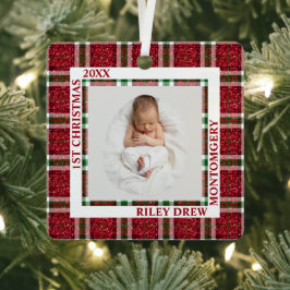 Baby's eerste kerstfoto geruit metalen ornament