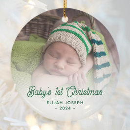 Baby's Eerste Kerstfoto Groene Retro Script Keramisch Ornament