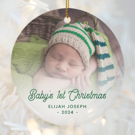 Baby's Eerste Kerstfoto Groene Retro Script Keramisch Ornament