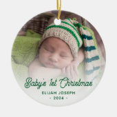 Baby's Eerste Kerstfoto Groene Retro Script Keramisch Ornament (Voorkant)